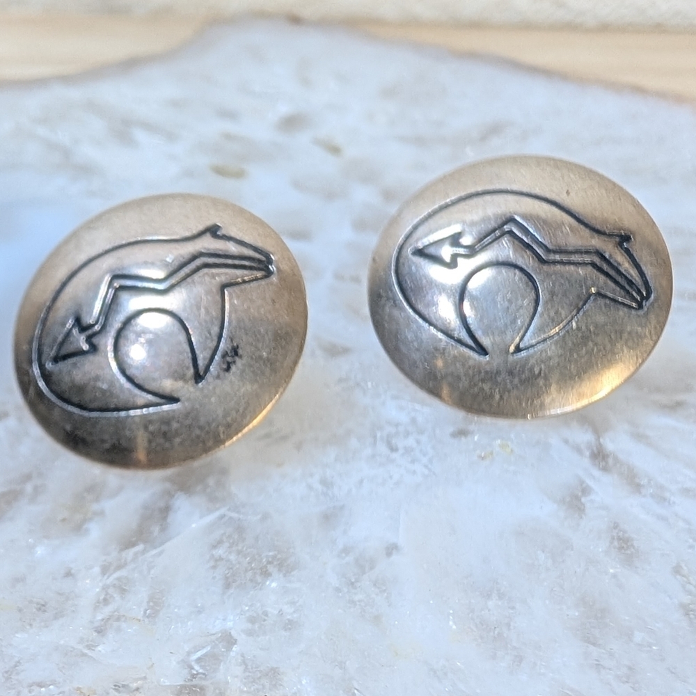 Vintage Navajo? Spirit Line Bear Stamped Sterling Silver Concho Post Earring